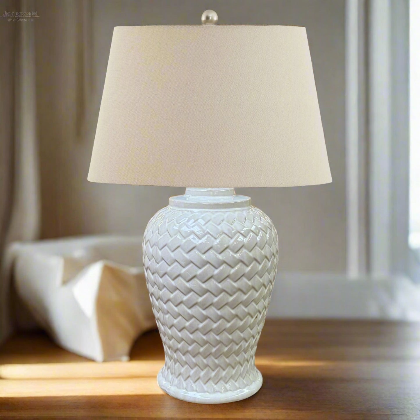 Woven Ceramic Table Lamp With Linen Shade